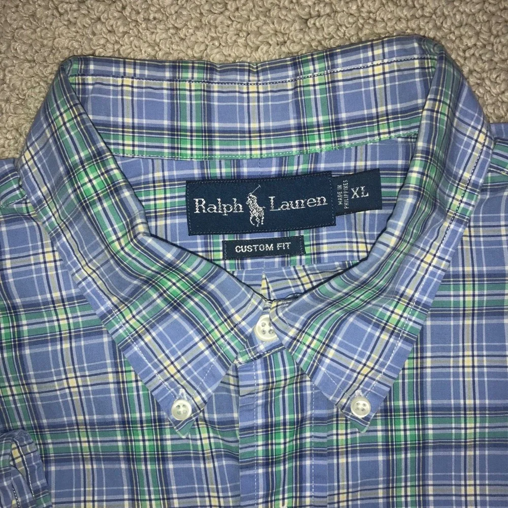 Ralph Lauren Mens XL‎ Custom Fit Plaid Button Down Shirt Blue Green Long Sleeve